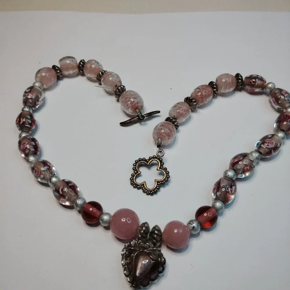 Artisan Made Vintage Pink Glass Bead Necklace Filigree Heart Dangle 19